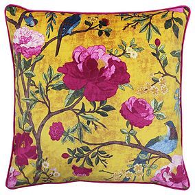 Jungle Cushions | Dunelm Floral Cushion Covers, Chinoiserie Style, Gold Cushions, Floral Cushions, Flower Bird, Vibrant Flower, Velvet Cushions, Yellow Background, Bird Prints