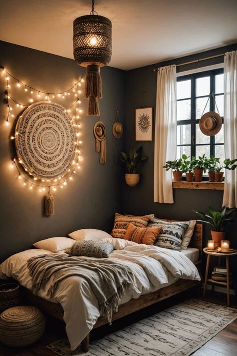 Give your bedroom a boho boost with these 20 lighting ideas! From fairy lights to lanterns, these ideas will add a touch of magic to any space. Click to see all the dreamy options! Romantic Boho Bedroom Ideas, Teen Boho Bedroom Ideas, Fairy Lights Bedroom Aesthetic, Bedroom Lighting Ideas Hanging, Fairy Room Aesthetic, Boho Room Aesthetic, Boho Style Bedroom Decor, Bedroom Ideas For Teens, Hippie Bedroom Decor