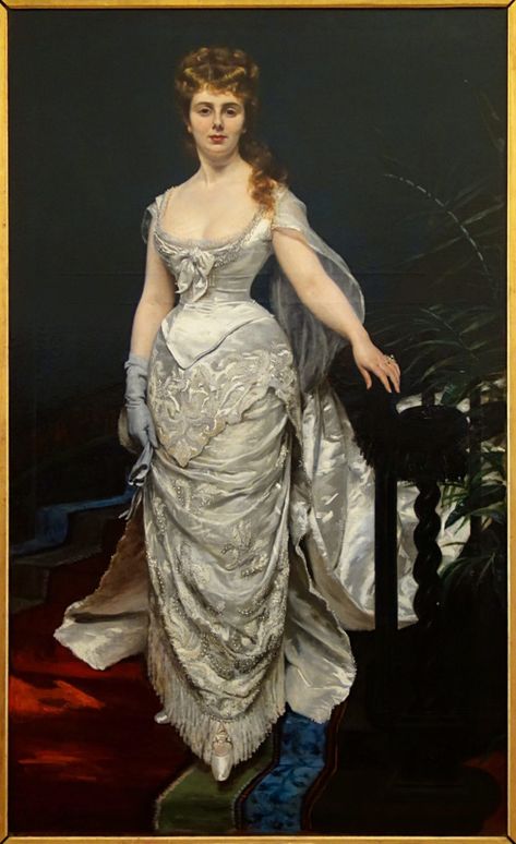 Portrait de Mademoiselle X, Marquise Anforti Fashion History Timeline, 1870s Fashion, White Satin Dress, 1880s Fashion, Victorian Costume, Historical Dresses, Fashion Plates, Woman Painting, Belle Epoque