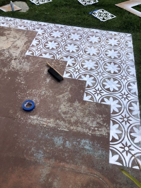 COLORSHOT Floor Stenciling with Alex Paige Clark Sidewalk Stencil Ideas, Concrete Stencil Outdoor, Painted Patio Floor, Patio Floor Paint Ideas, Painted Pavement, Cement Stencil, Floor Stencil Ideas, Painted Deck Floors, Painting On Concrete