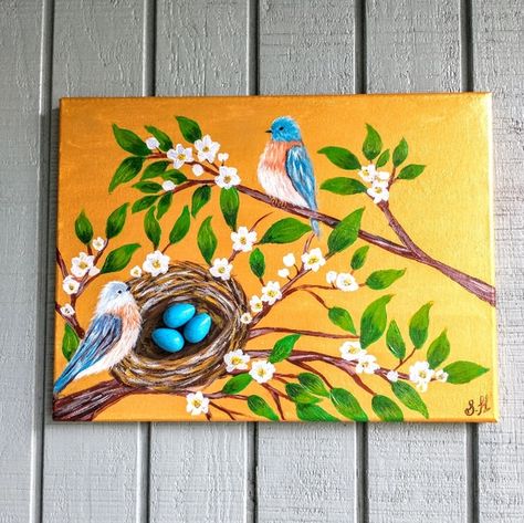 Original Acrylic Blue Birds Painting With Howlite Crystal Eggs Bird Art Acrylic Painting, Colorful Animal Paintings Acrylics, Landspace Drawing, Spring Paintings Acrylic, Painting Birds Acrylic, Simple Bird Painting, Spring Canvas Painting, Birds Canvas Painting, Canvas Bird Painting