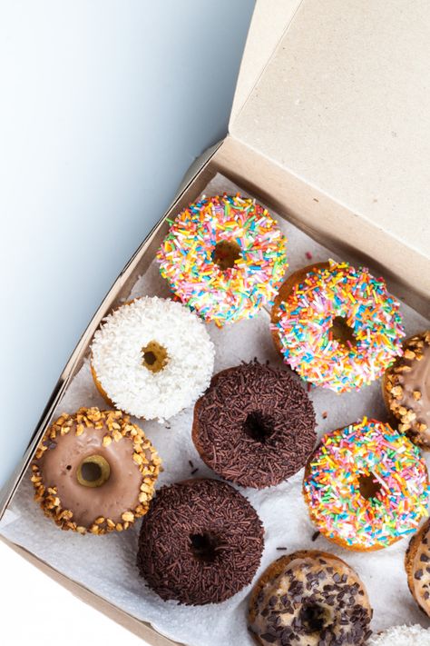 Donut Box Photography, Donut Boxes Packaging, Doughnut Branding, Donuts In A Box, Mochi Boba, Donut Photography, Box Of Donuts, Catherine Cowles, Brownie Packaging