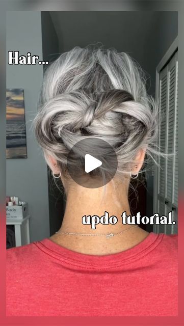 Erika Fenimore | Mature Beauty Bestie on Instagram: "Messy updo time. I mean who doesn’t love an updo that doesn’t have to be perfect??? #hairstlye #hairstyles #hairstyleoftheday #hairup #hairtutorial #hairupdo #silverhair #grayhair #grayhairmovement #silverandfree" Grey Hair Updos, Grey Hair Over 50, Messy Updo, Dirty Blonde Hair, Wedding Guest Hairstyles, Long Gray Hair, Hairstyles Over 50, Dirty Blonde, Grey Hair