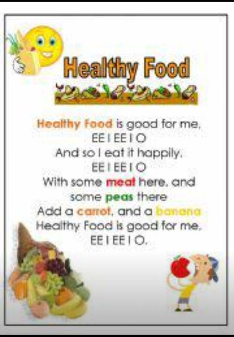 Healthy eating song Preschool Healthy Eating, Healthy Habits Preschool, Healthy Food Activities, Kids Vegetables, Nutrition Activities, Food Activities, Healthy Grocery List, Preschool Songs, Healthy Benefits