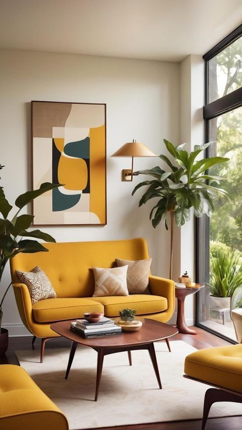 Yellow Sofa Living Room Colour Palettes, Cozy Living Room Ideas, Color Palette Living Room, Minimalist Living Room Decor, Classy Living Room, Interior Wallpaper, Mid Century Modern Interiors, Retro Interior, Warm Yellow