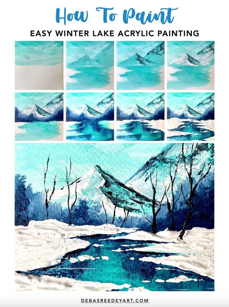 Winter Lake Acrylic Painting - Easy Winter Painting Ideas For Beginners Paint Night Ideas For Beginners, Winter Canvas Ideas, Acrylic Winter Painting Ideas, Easy Winter Paintings For Beginners Step By Step, Winter Landscape Painting Acrylic Easy Tutorial, Winter Canvas Painting Ideas Easy Diy, Winter Sip And Paint Ideas, Winter Lake Painting, Snow Painting Acrylic Winter Scenes Easy