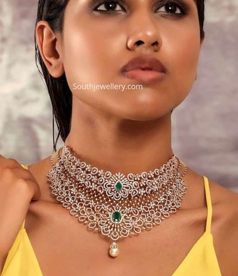 Diamond choker with center emeralds photo Diamond Choker Indian, Bridal Diamond Necklace, Gold Jewelry Outfits, Choker Necklace Designs, Diamond Pendants Designs, Antique Gold Jewelry Indian, Two Step, Diamond Choker Necklace, Diamond Wedding Jewelry