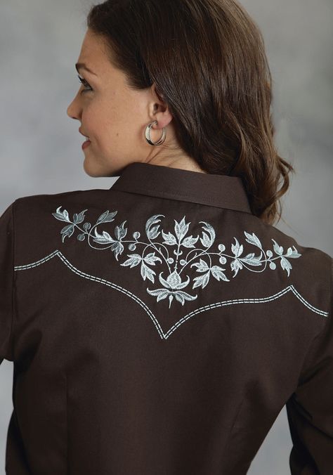 Ladies Long Slv Western Style Shirt * Leaf Embroidery On Front & Back Yokes * Saddle Stitch Detail * Waist Darts * 3 Snap Cuff * Satin Trim On Inside Collar Band, Inside, Inside Back Yoke, and Inside Cuff  65% POLYESTER / 35% RAYON Western Style Embroidery, Boutique Style Dresses, Western Show Clothes, Western Show Shirts, Western Embroidery, Vintage Western Wear, Horse Show Clothes, Denim Embroidery, Western Style Shirt