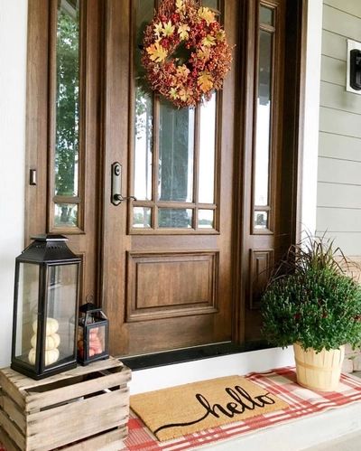 Doors Decoration, Front Door Sidelights, Glass Front Entry Doors, Stained Front Door, Front Veranda, Exterior Doors With Sidelights, Porch Lanterns, Mahogany Front Door, Doormat Ideas