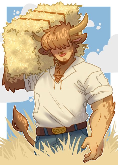 Highland Cow Character Design, Bull Man Art, Highland Cow Fursona, Cow Person Character Design, Bull Hybrid Oc, Ram Human Hybrid, Cow Boy Drawings, Cow Hybrid Oc Male, Cow Human Hybrid Oc