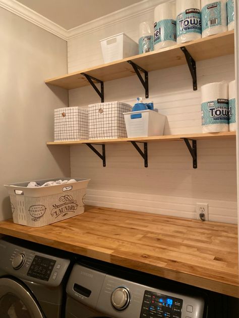 Laundry room
Renovation
Small Space
Butcher block
Idea Washer And Dryer With Shelves Above, Wooden Shelf Above Washer And Dryer, Wood Laundry Room Shelves, Laundry Area Shelving, Wood Above Washer And Dryer, Laundry Room With Shelf Above Washer, Butcher Block Washer And Dryer, Shelf On Top Of Washer And Dryer, Wood On Top Of Washer And Dryer