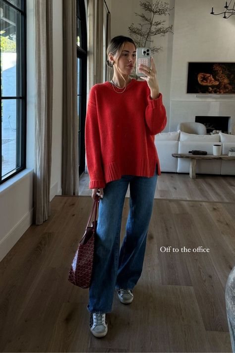 I love this red sweater and decided to pair it with wide leg pants to make a more relaxed look. It's a good cozy winter look...unfortunately we're not onto spring yet, so if you're interested in recreating this look, I've linked everything on my LTK page! | winter, red, sweater, pants, wardrobe, clothing, looks, outfits, inspiration, style, fashion, sneakers Red Hoodie Outfit, Winter Comfy Outfits, Cardigan Outfit Aesthetic, Colorful Winter Outfits, Red Sweater Outfit, Wardrobe Clothing, Chic Work Outfit, Dome Earrings, Winter Sweater Outfits