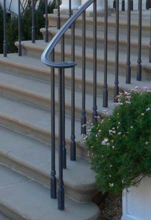 Blacksmith : Custom Designed Stair Railing : Hand Forged Steel Wrought Iron Railing Exterior Porch, Exterior Metal Railing, Outdoor Handrails For Stairs Front Steps, Wrought Iron Railings Outdoor, Iron Front Porch Railing, Iron Railings Outdoor Front Porches, Deck Stair Railing Ideas, Hand Rails For Stairs Outdoor, Hand Rail Ideas Outdoor