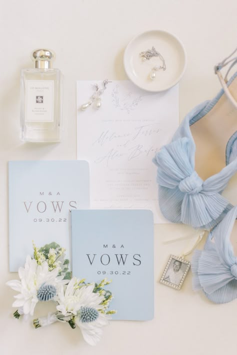 Blue wedding invitation and blue bridal shoes in flat lay for wedding Wedding Stationary Flatlay, Blue Flat Lay Wedding, Dusty Blue Detail Shots, Bridal Flat Lay Photography, Flat Lays Wedding Photography, Bridal Details Flat Lay, Bridal Flat Lay, Wedding Flatlay Inspiration, Soft Blue Wedding Theme