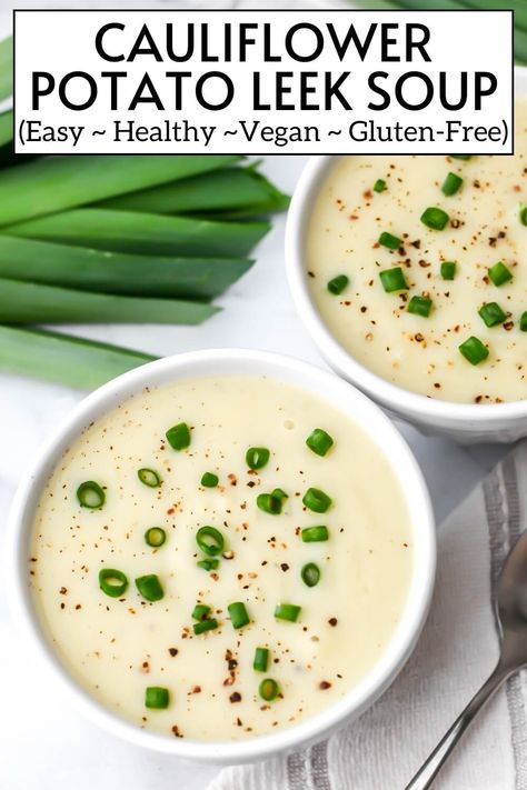 This cauliflower potato leek soup is creamy and delicious! No one will guess that it's dairy-free, gluten-free, and vegan.  A low carb potato leek soup the whole family will love! Leek And Cauliflower Soup, Cauliflower Leek Soup, Cauliflower Potato Soup, Leeks Soup Recipes, Easy Vegan Soup, Creamy Soups, Cauliflower Potatoes, Simple Soup, Potato Leek