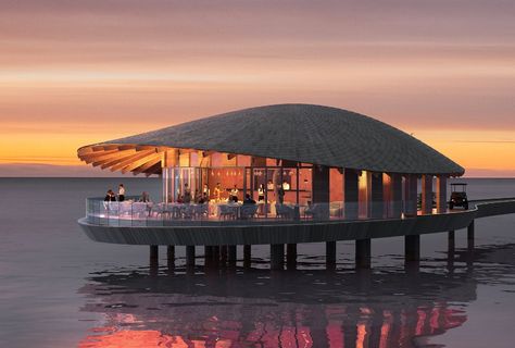 Restaurant in the hotel complex of the Ummahat Island Resort in the Red Sea, designed by Japanese architect Kengo Kuma Red Sea Project, Bamboo Resort, Villa Layout, Wood Restaurant, Architecture Drawing Presentation, Floating Restaurant, Woods Restaurant, Floating Architecture, Lodge Design