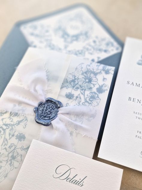 Dusty Blue Vellum Wedding Invitation Suite Steel Blue Wax Seal Wedding Invitation Crest Wedding Invitation Venue Illustration - Etsy Blue Wax Seal, Crest Wedding Invitations, Wax Seal Wedding, Venue Illustration, Blue Invitation, Wedding 2025, Blue Wedding Invitations, Coastal Wedding, Vintage Wedding Invitations