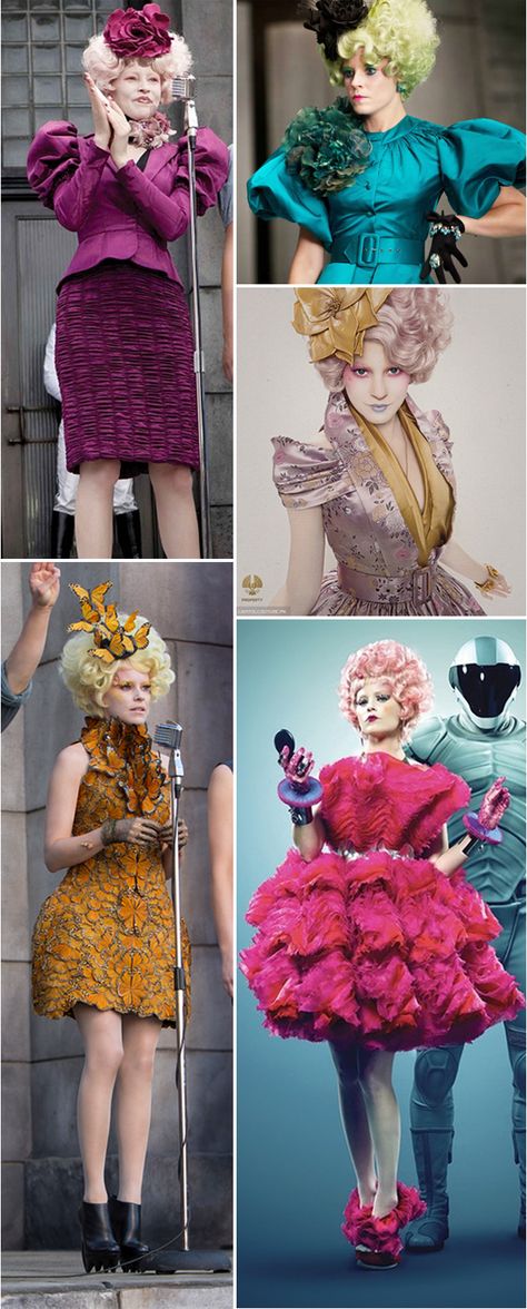 The best of Effie Trinket's outrageously awesome outfits from the Hunger Games and Catching Fire. How fun would it be to dress up in one of these costumes for Halloween?! #CapitolCouture #EffieTrinket #HungerGames Effy Hunger Games Costume, Hunger Games Costume Effie, Effie Hunger Games Outfits, Hunger Games Effie Outfits, Effie Trinket Costume Ideas, Hunger Games Costume Design, Hunger Games Effie Costume, Panem Capitol Fashion, Hunger Games Panem Fashion