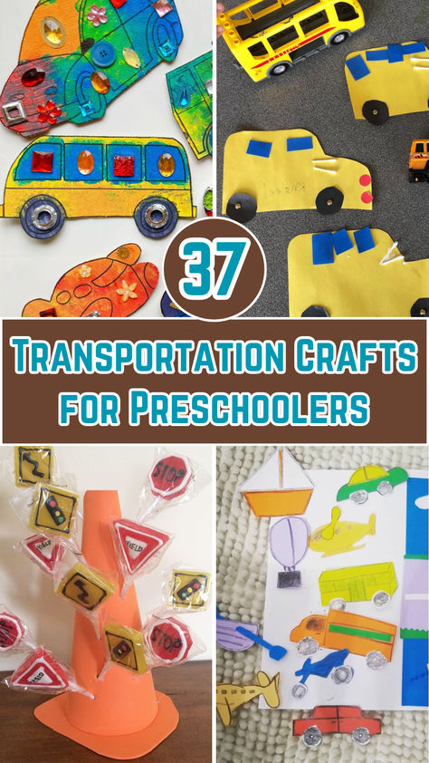 Image showcasing colorful transportation-themed crafts for preschoolers, including paper cars, cardboard trains, and a DIY airplane project made from recycled materials, arranged on a bright, playful background. Transportation Safety Preschool, Transportation Science Preschool, Transportation Art Activities, Car Crafts For Kids Preschool, Transportation Art Preschool, Transportation Preschool Crafts, Train Crafts Preschool, Transportation Crafts For Preschoolers, Transportation Crafts For Toddlers