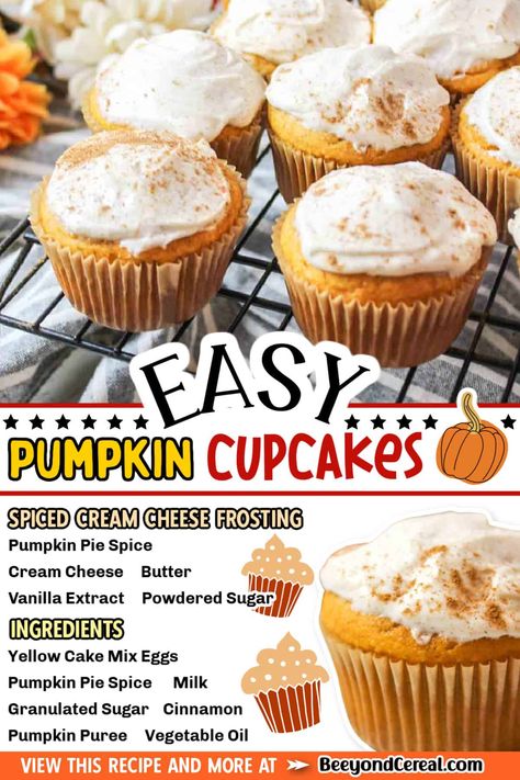 Pumpkin Cupcakes With Box Cake, Easy Pumpkin Cupcakes, Pumpkin Cupcakes, Vegetarian Cake, Box Cake Mix, Bakery Recipes, Yellow Cake Mixes, Thanksgiving Desserts, Easy Pumpkin