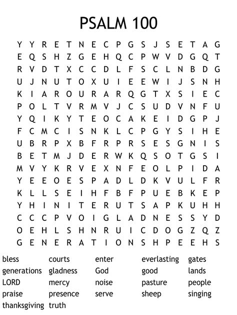 Psalm 100 Coloring Page, Christian Word Search Printables, Psalm 100 Craft For Kids, Sunday School Activity Sheets, 100 Word Search, Psalms 100, Church Calendar, Bible Word Searches, Bible Worksheets