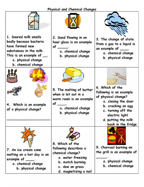 Free Science Worksheets for Kids Fun | Learning Printable Free Science Worksheets for Kids Fun Physical Change Examples, Physical Vs Chemical Change, Change Worksheet, Physical And Chemical Changes, Changes In Matter, Free Science Worksheets, Chemical Change, Chemical And Physical Changes, Microscope Parts