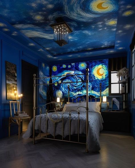 Van Gogh Ceiling, Van Gogh Bedroom Decor, The Starry Night Aesthetic, Ceiling Painting Ideas, Starry Night Room, Unique Room Ideas, Starry Night Bedroom, Bedroom Mural, Fall Ceiling