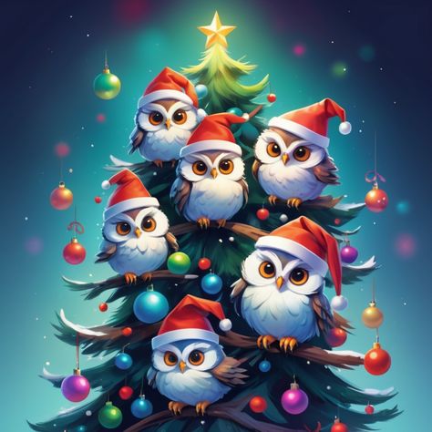 These six adorable owls, all wearing festive Christmas hats, are nestled perfectly in a decorated Christmas tree! A heartwarming and cute holiday scene that brings charm and joy to the season. #ChristmasOwls #FestiveFun #HolidayDecor Adorable Owls, Cute Owls, Owl Wallpaper, Christmas Hats, Owl Party, Christmas Owls, Owl Painting, Owl Art, Cute Owl