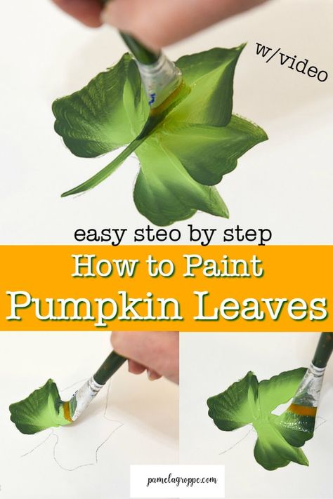 How to Paint Pumpkin Leaves to use with my Pumpkin Painting lessons. Paint them on Fall DIY signs, crafts, printables and easy canvas painting. I took actual pumpkin leaves to create the pattern so you get an authentic look. A free video is included and you get the printable pattern! #beginnerpainting #diysigns #decorativepainting Easy Pumpkin Acrylic Paintings, Diy Pumpkin Painting Canvas, How To Paint Pumpkins On Canvas, How To Paint Fall Leaves, How To Paint A Pumpkin On Canvas, Tole Painting Patterns Free Projects, Donna Dewberry Painting Tutorials, Fall Paintings Ideas, Painting Pumpkins On Canvas