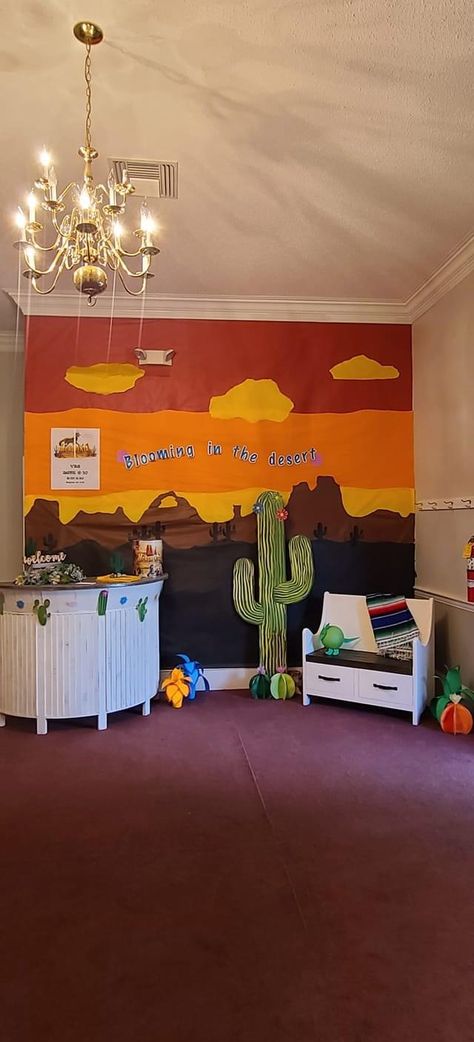 Monumental Vbs 2022 Decorations Diy, Desert Party Theme Decor, Vbs Monumental Decorations, Western Themed Vbs, Rodeo Classroom Theme, Western Theme Vbs Decorations, Monumental Vbs 2022 Decorations, Desert Decoration Ideas, Desert Bulletin Board