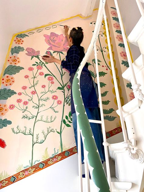 French Artist Nathalie Lete Is Painting Her Home Full of Flowers Pink Headboard, Nathalie Lete, Flower Mural, Whimsical Paintings, Hand Painted Walls, Mural Floral, Peel And Stick Tile, Stick On Tiles, Mural Painting