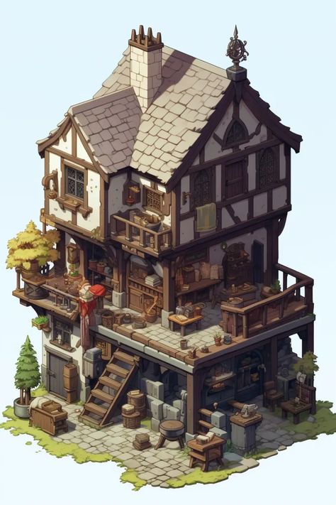 https://aituts.com/wp-content/uploads/2023/07/yubinm_Isometric_clean_pixel_art_image_cutaway_medieval_house_o_07d935d7-09c5-44c2-bf2b-4050e9339272.webp Isometric Building Illustration, Fantasy House Concept, Fantasy Buildings, Minecraft Cottage, Minecraft Castle, Medieval Houses, Building Concept, Minecraft House Designs, Isometric Art