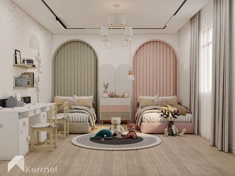 Children Bedroom on Behance Childers Room Design, Twin Bed Kids Room, Two Children Bedroom, Twins Bedroom Ideas, Modern Twin Bedroom, Twin Kids Bedroom, Bedroom For Twins, Twin Bedroom Design, Children Bedroom Ideas