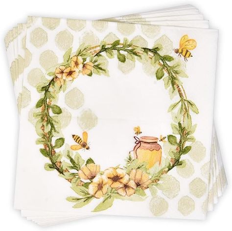 Amazon.com: 100 Bee Napkins Floral Cocktail Beverage Disposable Paper Honey Bumble Bees Wildflower Wreath Dessert Napkin for Spring Summer Happy Bee Day : Health & Household Bee Napkins, Floral Cocktails, Wildflower Wreath, Wedding Theme Colors, Color Inspo, Cocktail Drinks, Color Themes, Bumble Bee, Wedding Shower