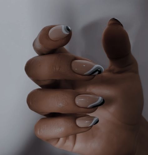 Black White And Grey Nails, Gray French Tip Nails, Grey French Tips, Grey French Tip Nails, Round French Tips, Brown Nails Design, Black French Tips, Simple Flower Design, Lovely Nails