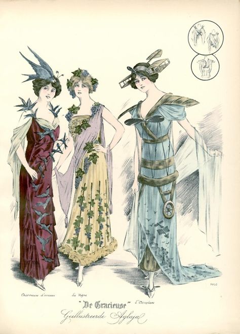 Fancy dress, 1912 the Netherlands, De Gracieuse    Looks like (left to right) a flock of birds*, Dionysus or a grapevine and one of those newfangled flying contraptions.    AIRPLANE! Victorian Fancy Dress, Fancy Dress Ball, Burlesque Costumes, Vintage Halloween Costume, Costume Ball, Fancy Costumes, Victorian Costume, Masquerade Costumes, Flock Of Birds