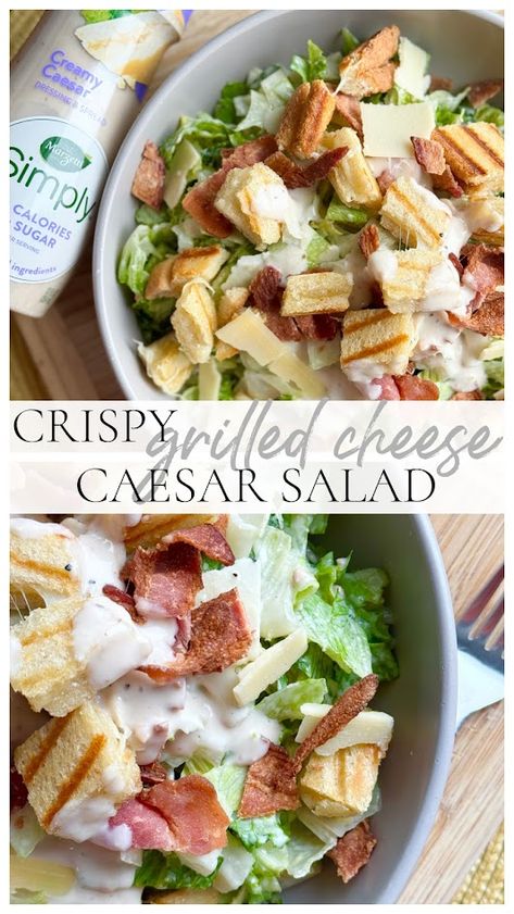 A beautiful Caesar salad with grilled cheese croutons and bacon. Country Salad, Grilled Ceasar Salad Recipe, Caesar Salad Grilled Chicken, Diy Ceasar Salad, Cesar Pasta Salad With Grilled Chicken, Best Ceasar Salad Dressing Store Bought, Crispy Grilled Cheese, Grilled Cheese Croutons, Salad Recipes Healthy Easy