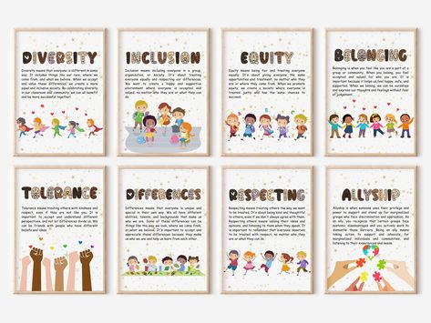 Set of 8 Diversity Poster for Kids, Inclusive Poster, Foster Inclusion, Racial Equality, Cultural Diversity for Classroom, Definition Poster by PositiveThinkingMind on Etsy Diversity Bulletin Board, Posters For School, Diversity Poster, Racial Equality, Visual Aids, Cultural Diversity, Learning Spaces, Classroom Posters, Beautiful Posters