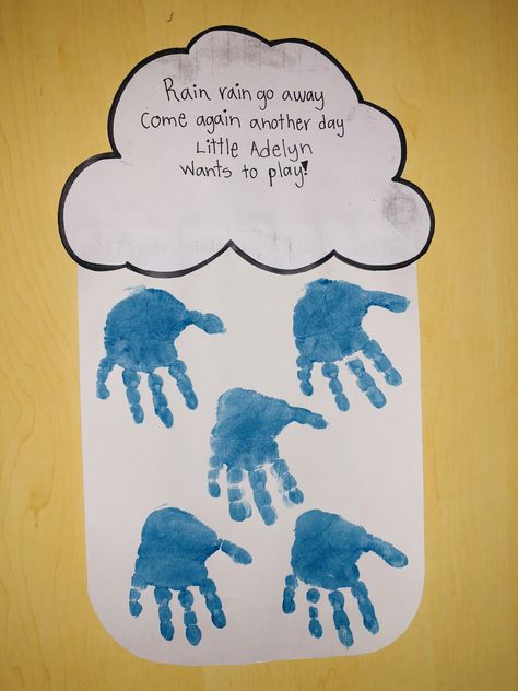 Rain rain go away come again another day. Handprint Rainy Crafts For Kids, April Showers Handprint Art, Rain Crafts For Preschoolers, Rainy Day Crafts For Kids Preschool, Toddler Rain Craft, Rain Handprint Art, Rainy Day Art For Toddlers, Rainy Day Art Preschool, Weather Handprint Art