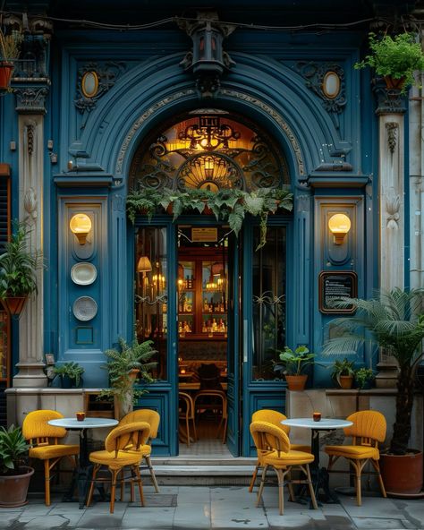 European Cafe Outdoor, Mediterranean Restaurant Exterior, Rustic Cafe Ideas, French Cafe Interior Design, Bakery Facade, Yellow Coffee Shop, Classic Coffee Shop, French Cafe Decor, Cafe Facade