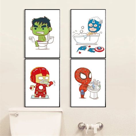 Funny Bathroom Picture Ideas Wall Art, Gaming Room For Boys, Avengers Bathroom, Superhero Bathroom Decor, Superhero Bathroom Ideas, Super Hero Crafts, Toilet Wall Decor, Superhero Bathroom, Kids Toy Room