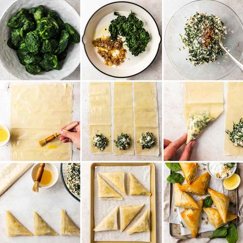 Greek Spanakopita Triangles, Greek Spinach Pie Spanakopita Triangles, Spinach And Feta Triangles, Spinach Phyllo Recipes, Spanikopita Recipes Easy, Spinach And Feta Pastry, Spanakopita Rolls, Spanakopita Triangles Recipe, Spinach Triangles