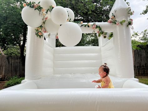 Softplay Business, Wild Flower 1st Birthday, Flower Themed Birthday Party, Flower Themed Birthday, Flower 1st Birthday, Wildflower 1st Birthday, White Bounce House, Bouncy House, Bounce House