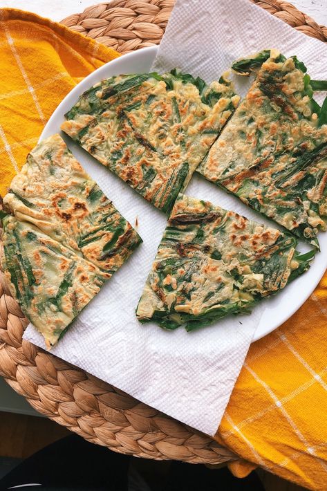 Shrimp And Chive Pancakes, Chive Pancake, Chives Pancake, Korean Chive Pancake Recipe, Chive Pancake Korean, Chinese Scallion Pancakes Recipe, Chinese Pancake, Crispy Pancakes, Chinese Chives