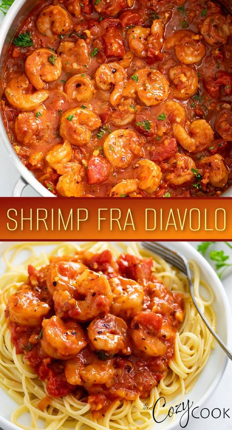 This Shrimp Fra Diavolo has perfectly cooked shrimp in a spicy, chunky tomato sauce! It's a great dinner idea to serve with pasta, or as an appetizer with crusty bread! Shrimp Recipes Easy, Chunky Tomato Sauce, Shrimp Pasta Recipes, Shrimp Fra Diavolo, Spicy Shrimp, Fra Diavolo, Cooked Shrimp, Shrimp Dinner, Shrimp Recipes For Dinner