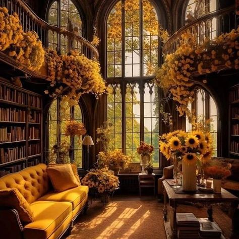 💛🌻 Yellow Library Aesthetic 💛🌻 #library #yellowlibrary Yellow Library, Gothic Home Interior, Dark Academia Interior, Sunflower Room, Aesthetic Library, Cottage House Designs, Mansion Aesthetic, Gothic Mansion, Storybook Homes