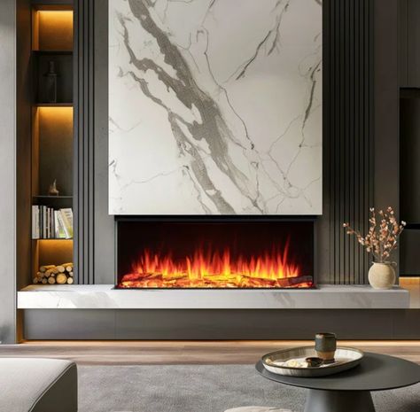 Three Way Fireplace, Modern Media Wall With Fireplace, Electric Fireplace With Bookshelves On Each Side, 3 Sided Fireplace Ideas With Tv, Marble Wall Fireplace, Build In Electric Fireplace, White Modern Fireplace, Electric Fireplace Built In, Flush Fireplace Wall