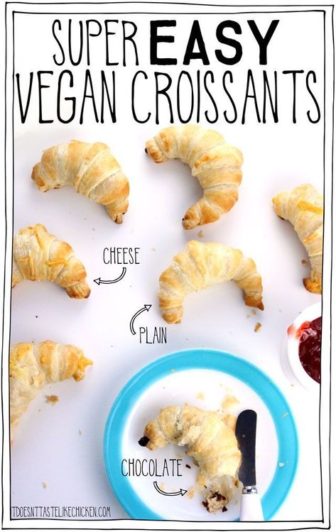 Super Easy Vegan Croissants! This recipe hack uses store-bought puff pastry to make the worlds easiest croissants. You can enjoy them plain, stuffed with chocolate, or dairy-free cheese. Serve them warm out of the oven for brunch or breakfast. #itdoesnttastelikechicken #veganrecipes #croissants #veganbaking via @bonappetegan Vegan Crossaints, Vegan Croissant, Vegan Croissants, Vegan Lemon Curd, Vegan Breads, Vegan Bread Recipe, Vegan Pastries, Coconut Dessert, Vegan Brunch