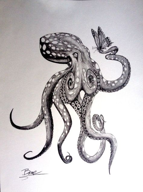 My next tattoo "The Octopus & The Butterfly" me and the greatest (and ONLY) wife in the world...Catherine Skywalker :D Biomech Tattoo, Hai Tattoo, Octopus Tattoo Sleeve, Kraken Tattoo, Octopus Drawing, Octopus Tattoo Design, Octopus Tattoos, Kunst Tattoos, Ocean Tattoos