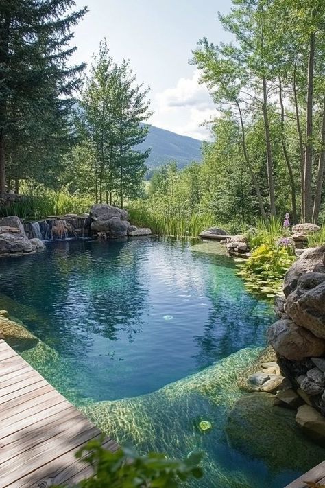 Natural Pool Ideas Swimming Ponds, Natural Lake Pool, Natural Pond Swimming Pool, Wild Swimming Pool Garden, Natural Pool With Waterfall, Outdoor Natural Pool, Bio Pool Natural, Natural Swimming Pools Backyard, Indoor Natural Pool